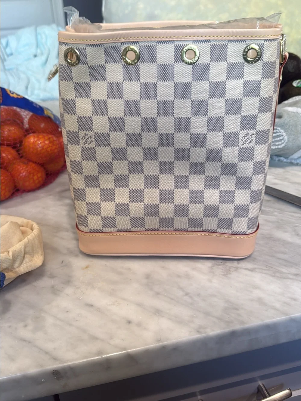Inspired Checked Canvas Bucket Bag in Light Gray and Cream